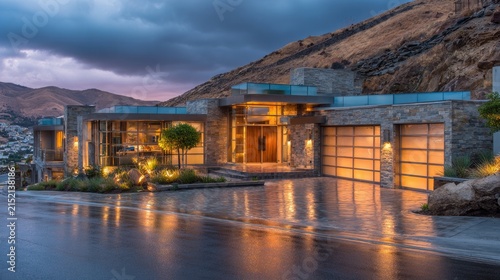Modern luxury home exterior with dramatic lighting and mountain backdrop