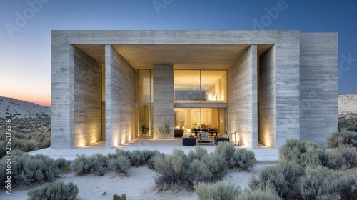 Modern architectural building with large windows and exterior lighting against blue sky