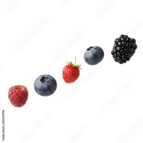 Row of Floating Mixed Berries Raspberry Strawberry Blueberry and Blackberry PNG