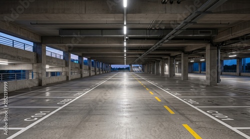 Empty modern multilevel parking garage interior with concrete structure, industrial lighting, and marked parking spaces at dusk