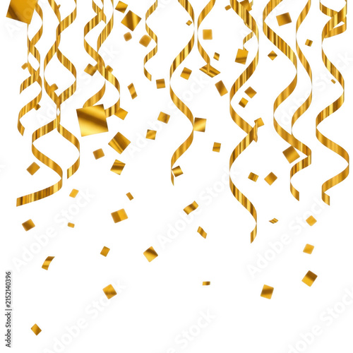Shiny gold confetti and ribbons falling for celebration