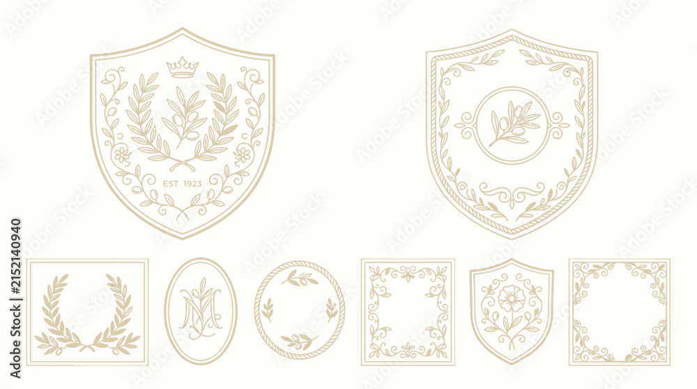 Fototapeta premium Heraldic Emblems and Ornate Frames: Laurel Wreath, Crests, Monogram