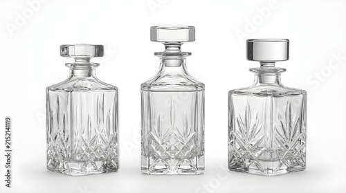 Crystal decanters in elegant studio lighting on white background for luxury beverage advertising.