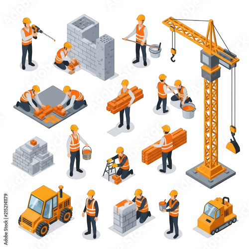 Isometric construction workers and building machinery set