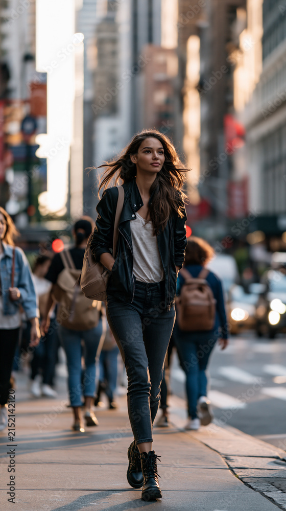 Fototapeta premium woman walking through a busy city street, urban lifestyle with female pedestrian in motion, contemporary city life and everyday urban movement