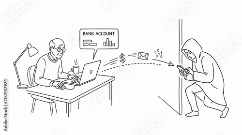 Line art vector of an elderly man targeted by an online hacker stealing bank funds through a phishing scam, depicting cyber crime against seniors.