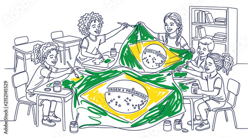 Diverse Group of School Children Painting the Flag of Brazil in Art Class Line Art Illustration
