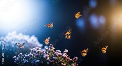 Megical night scane with monarch butterflies flying over blooming flowers under glowing light