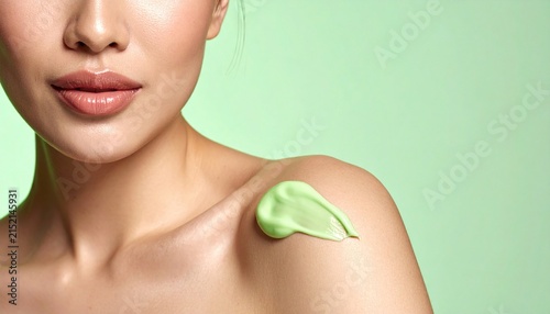 Close-Up of Woman's Shoulder with Green Cream on Skin Against Soft Green Background for Skincare and Beauty Concepts