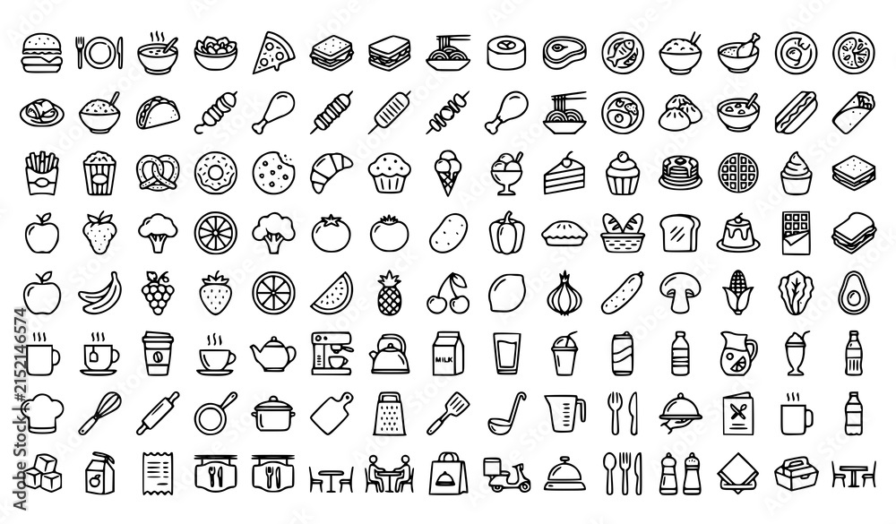 Fototapeta premium Food Beverage Restaurant Thin Line Icons Editable Vector Set
