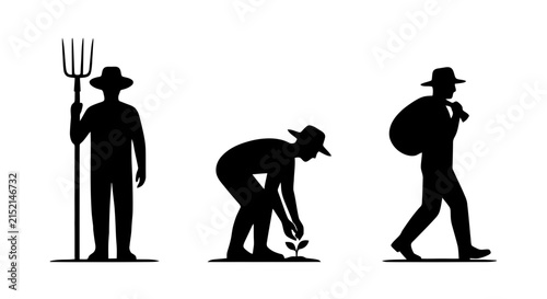 Fotografía Farmer silhouettes depict agricultural work stages on a white background