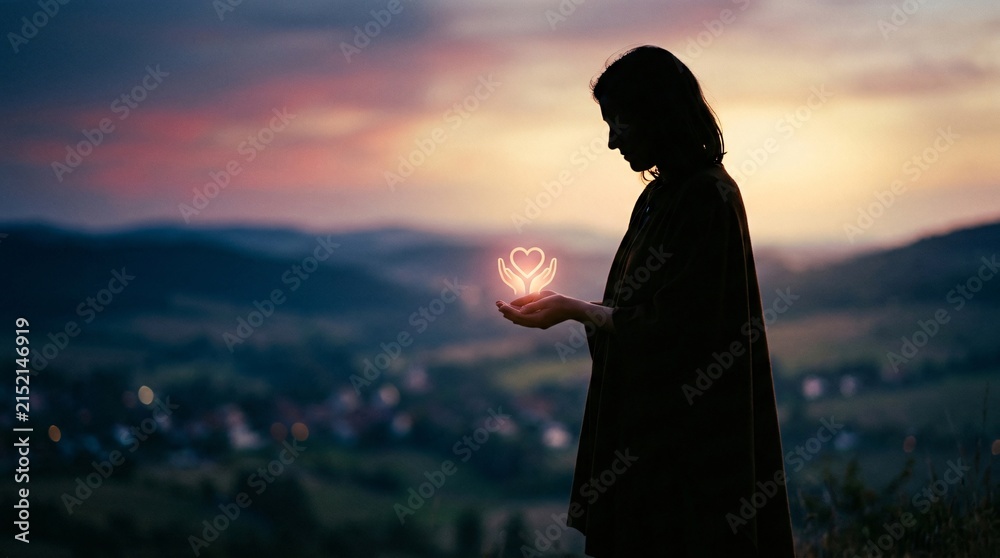 Fototapeta premium Silhouette of a woman holding a glowing heart icon at sunset, symbolizing love, care, affection, and protection.