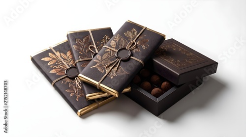 Luxury artisanal chocolate packaging mockup with dark brown wrapper, gold floral foliage foil patterns, wax seal, and gift box of truffles isolated on white background