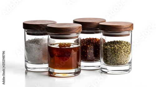Spice glass jars with wooden lids filled with sea salt, liquid honey, chili flakes, and dried herbs isolated on white background