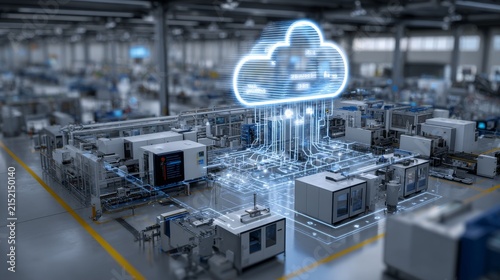 Digital cloud visualized above a factory floor, connecting machinery with glowing lines, symbolizing data flow & automation
