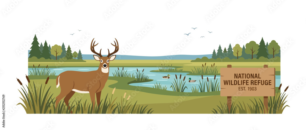 Obraz premium National Wildlife Refuge Landscape with Deer and Pond Illustration
