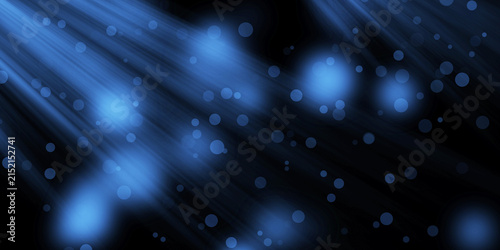 Blue light rays stream with floating bokeh circles across a dark empty background