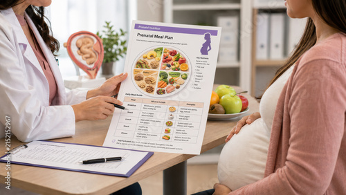 Close-up of a nutritionist hands showing a printed meal planning guide to pregnant patient across a consultation desk. Prenatal dietary counseling concept.