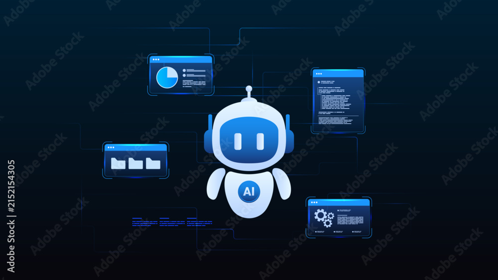 Naklejka premium AI agent robot automation machine learning with flow process, digital document, coding, processing system and software development system.
