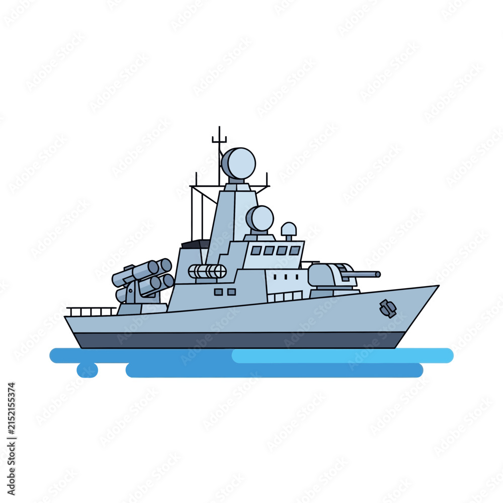 Obraz premium Modern Warship Isolated Illustration Naval Destroyer with Missiles and Guns Military Vessel