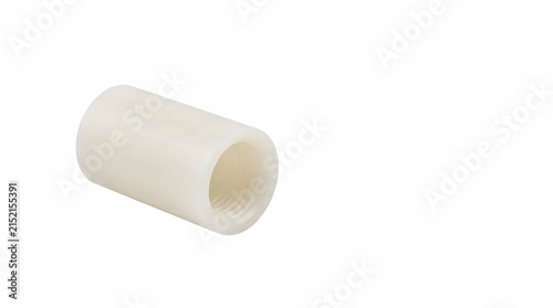 White plastic threaded pipe coupling connector isolated on clean white background for industrial plumbing and water supply system connection hardware