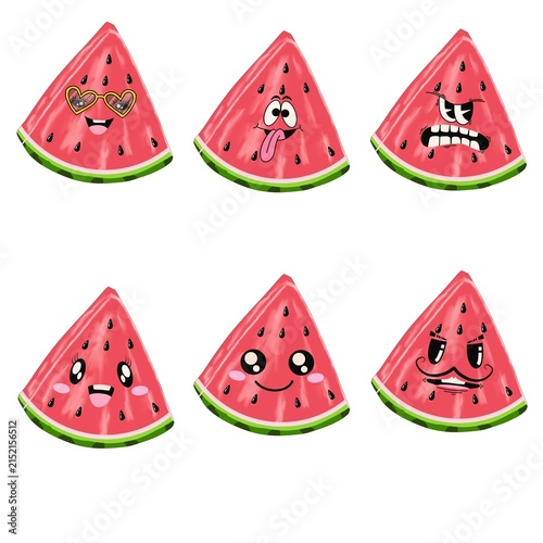 Cute Watermelon Slice Characters with Expressions Set