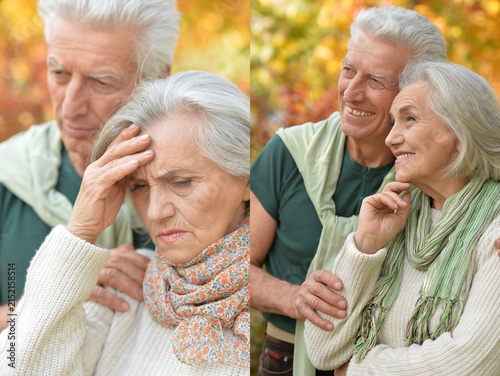 Fotografía Elderly couple comforting and supporting each other outdoors in autumn