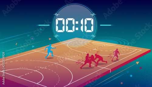 Basketball game with timer on court, digital illustration