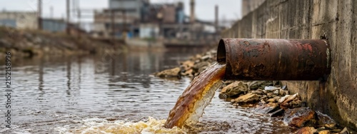 Industrial Wastewater Discharge from Rusty Pipe into Polluted River