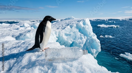 Adelie Penguin and Plastic Bottle on Iceberg in Antarctica
