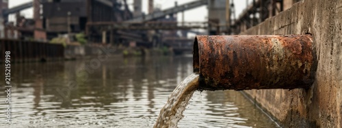 Industrial Wastewater Discharge from Rusty Pipe into Polluted River