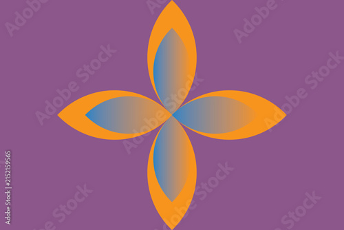 Abstract floral or four-petaled geometric symbol with orange and blue gradients on a purple background.