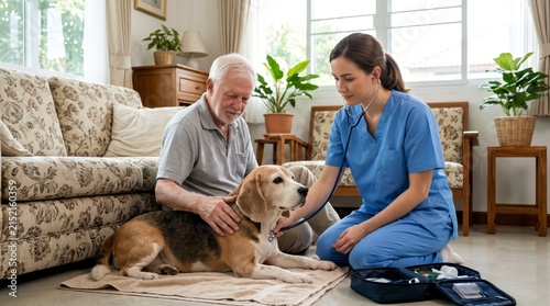 Senior pet care at home with veterinarian nurse giving gentle checkup to dog in bright living room, calm home care scene