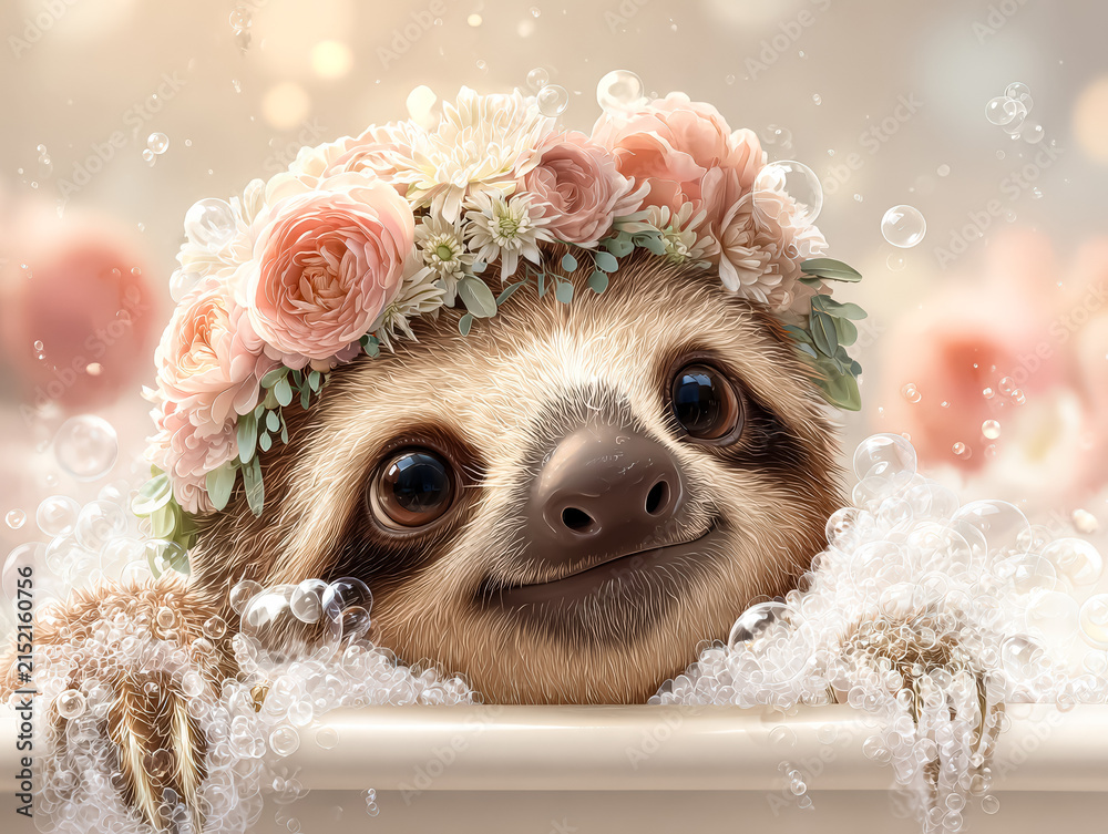 Fototapeta premium Sloth in Bubble Bath with Floral Crown Illustration