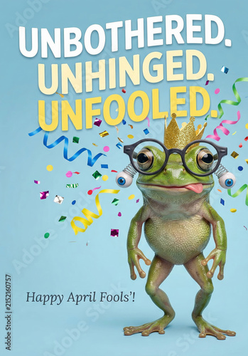Funny frog wearing crown and glasses for april fools greeting card with confetti party background and bold whimsical typography for celebration