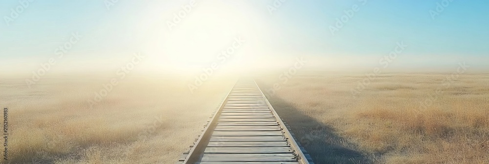 Obraz premium Wooden boardwalk path leading through a vast misty field during a serene and quiet autumn morning