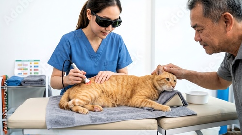 Senior pet home care with veterinarian and owner comforting orange cat during treatment in clinic