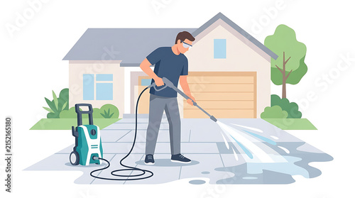 Professional Man Using A High Pressure Water Cleaner To Thoroughly Wash And Sanitize The Concrete Driveway In Front Of His Suburban Family Home