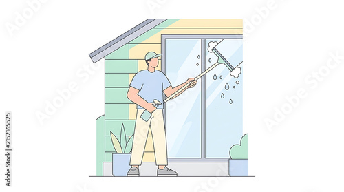 Professional Window Cleaning Service Illustration Featuring a Diligent Worker Maintaining Home Exterior Glass Surfaces and Maintaining Cleanliness