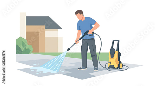 A dedicated professional cleaning worker using a high pressure water spray machine to wash and maintain the residential concrete driveway surface