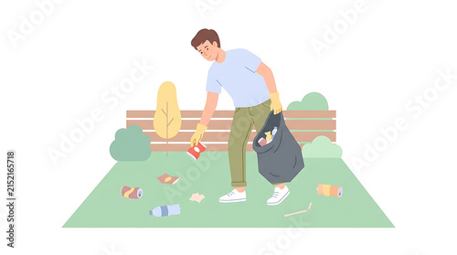 Young man wearing gloves picking up trash and litter from a grassy park area into a garbage bag for environmental cleaning and earth conservation