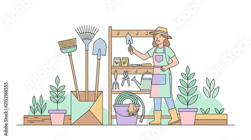 Dedicated female gardener organizing professional gardening tools and potted plants in a structured shed environment for seasonal cultivation