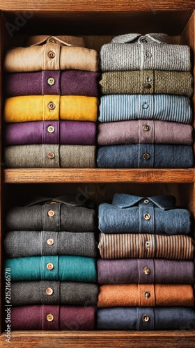 Neatly folded colorful shirts are arranged on wooden shelves, with texture and depth in the background creating a sense of.