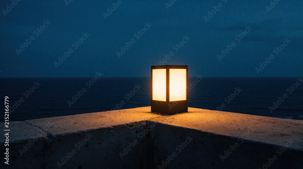 Obraz premium Illuminated lantern sits on rooftop concrete edge. Evening sea backdrop creates calm coastal atmosphere. Modern outdoor light fixture glows.