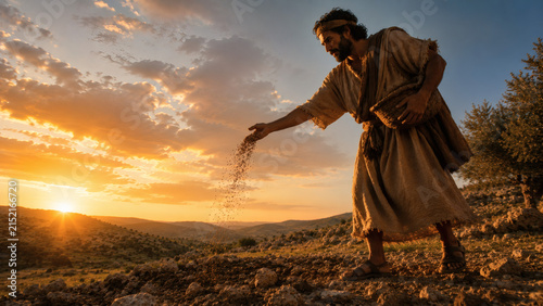Depiction Of The Parable Of The Sower As An Ancient Farmer Scatters Seed ground Illustrating The Teachings Of Jesus In The New Testament