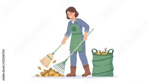 Woman Wearing Green Apron Cleaning Up Fallen Leaves in a Garden with a Rake and Broom for Seasonal Yard Maintenance and Autumn Landscaping