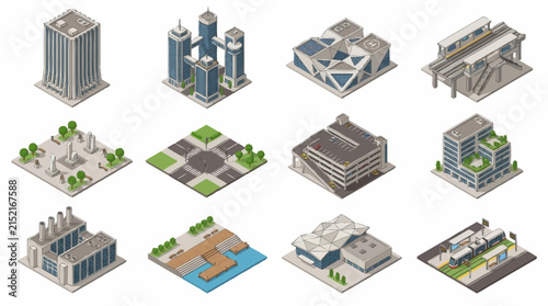 Isometric urban infrastructure elements including modern skyscrapers, factories, parking garages, and transport hubs offer options for city design.