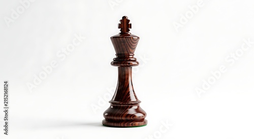 Wooden chess king piece on white background representing strategy, leadership, and success