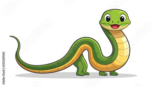 Cartoon green snake with big eyes smiling.
