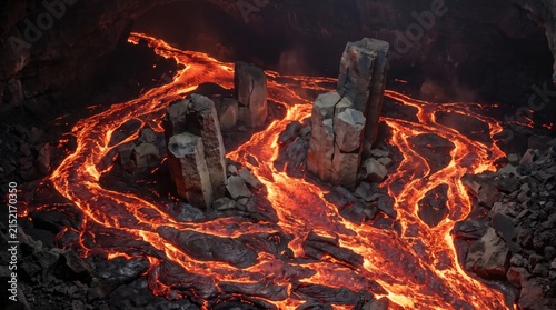 Radiating lava channels encircle isolated basalt monoliths like a fiery web, exposing shattered crust, converging molten paths, and stark geological architecture within a dark volcanic chamber